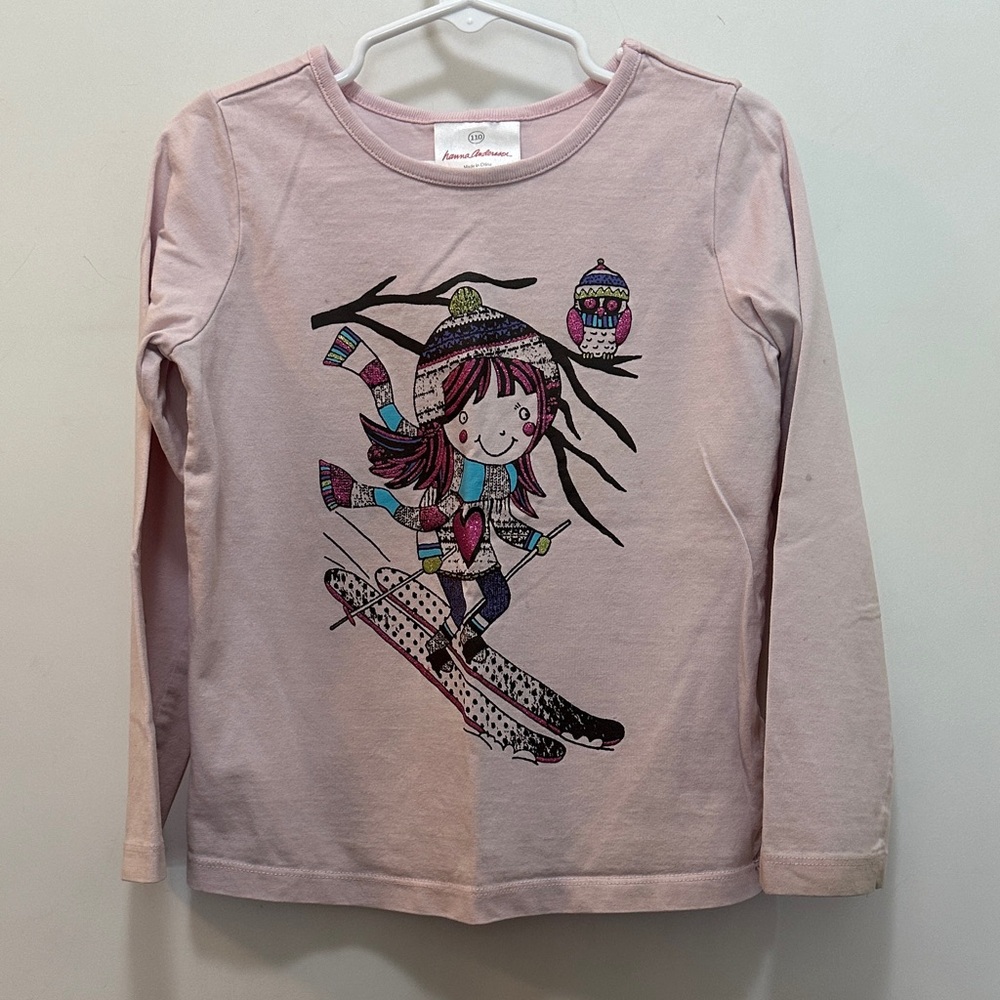Hanna Andersson Light Pink Long Sleeve Tee with Skiing Girl